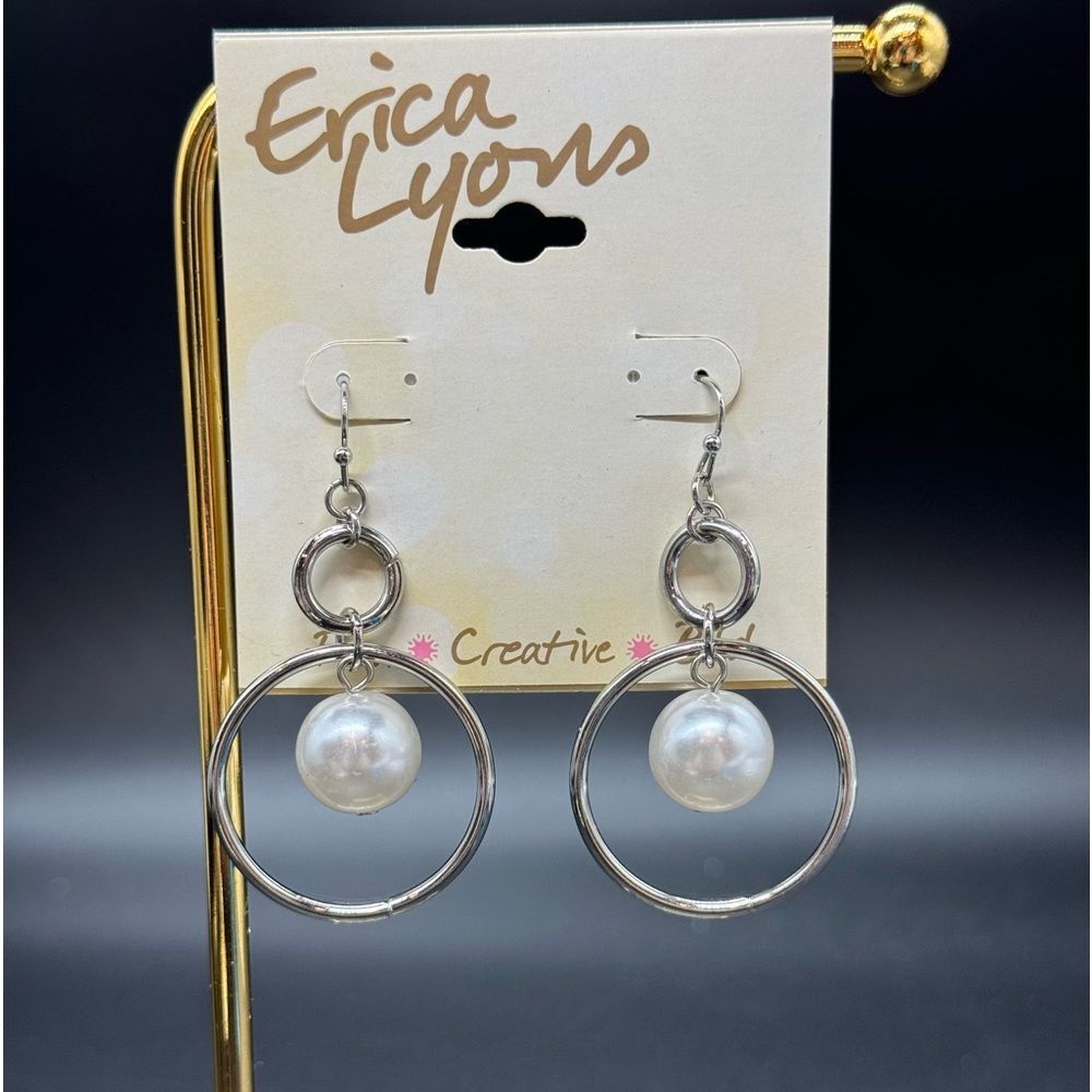 Erica Lyons Silver Tone  Earrings W/ Dangling Rings and Faux Pearl 2.25 inch